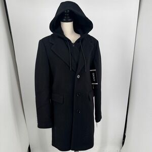 NEW DKNY Hooded Coat MENS Black Long Full Zip Button Close Jacket SIZE SMALL